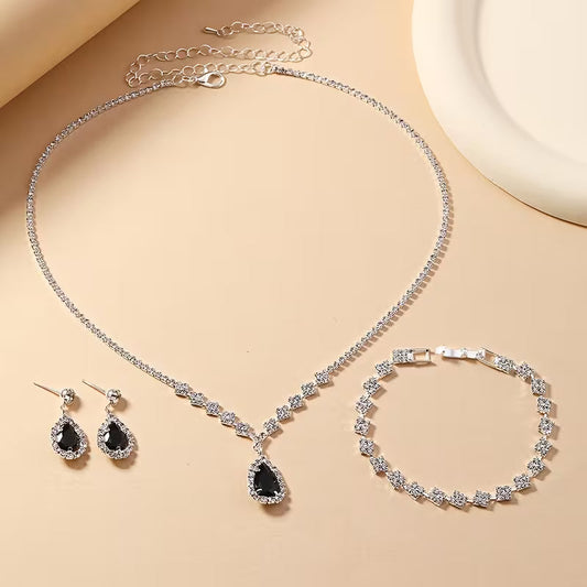 Luxury Black Teardrop Zircon Jewelry Set for Women | 4-Piece Gold Plated Set