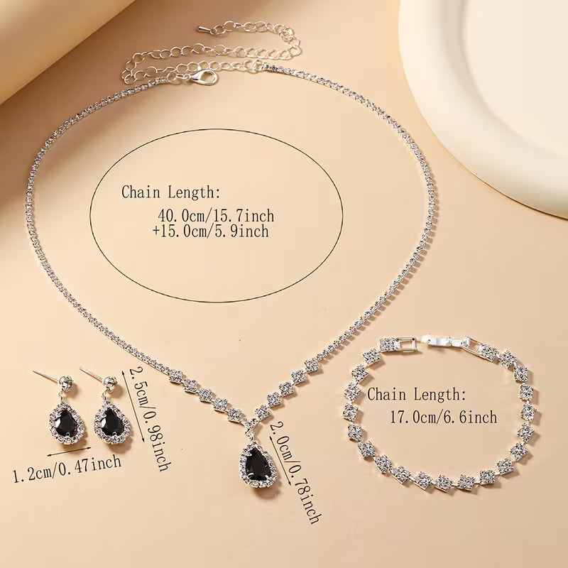 Luxury Black Teardrop Zircon Jewelry Set for Women | 4-Piece Gold Plated Set