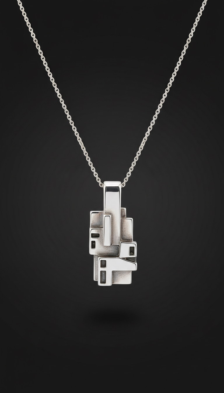 Sterling silver architectural pendant necklace