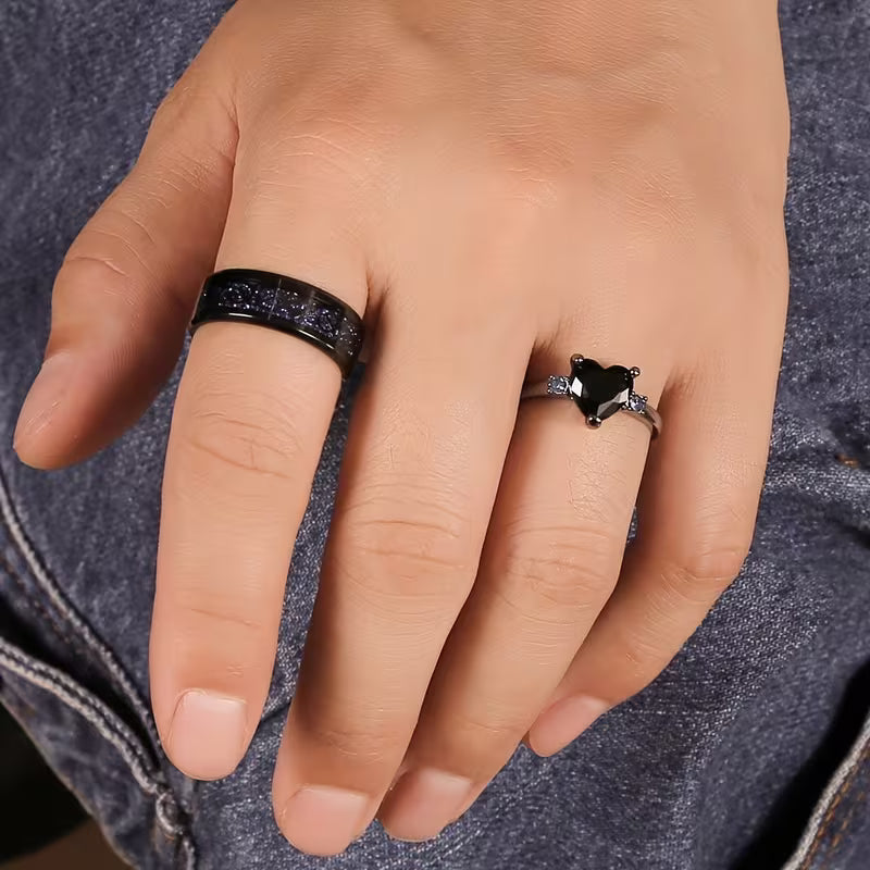 Matching Heart Couple Rings Set | Stainless Steel Promise Rings for Him & Her