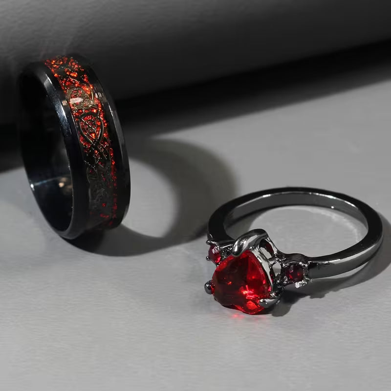 Matching Heart Couple Rings Set | Stainless Steel Promise Rings for Him & Her