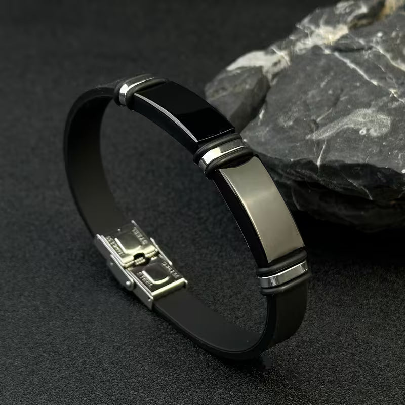 Black Silicone Stainless Steel Bracelet 🖤✨