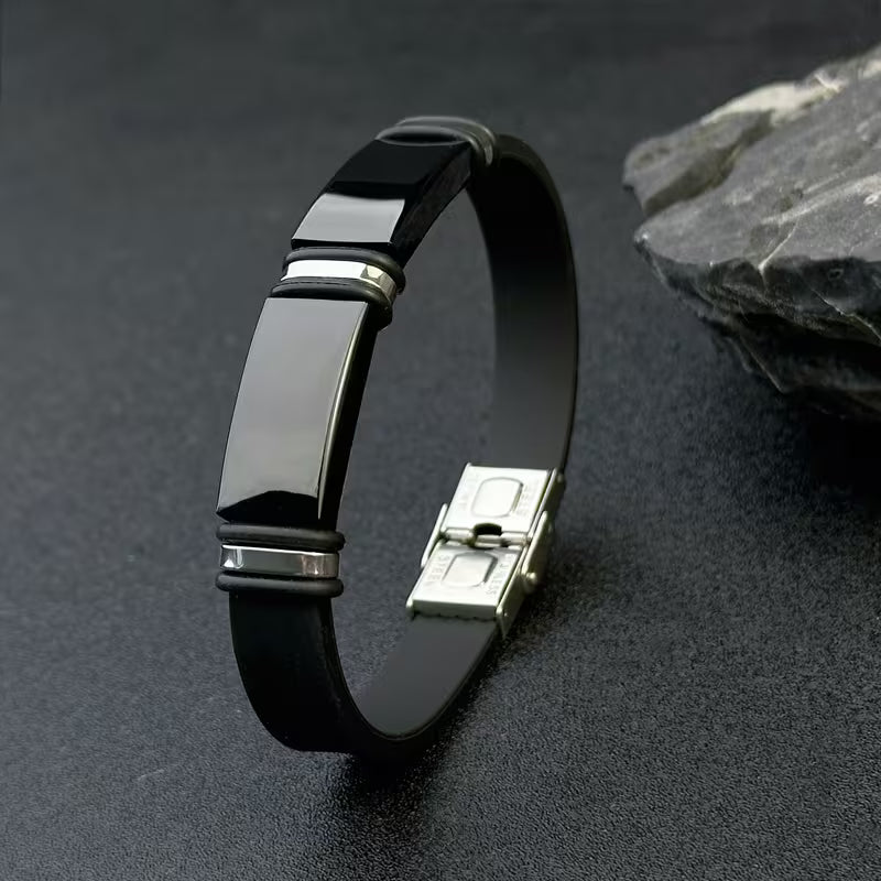 Black Silicone Stainless Steel Bracelet 🖤✨