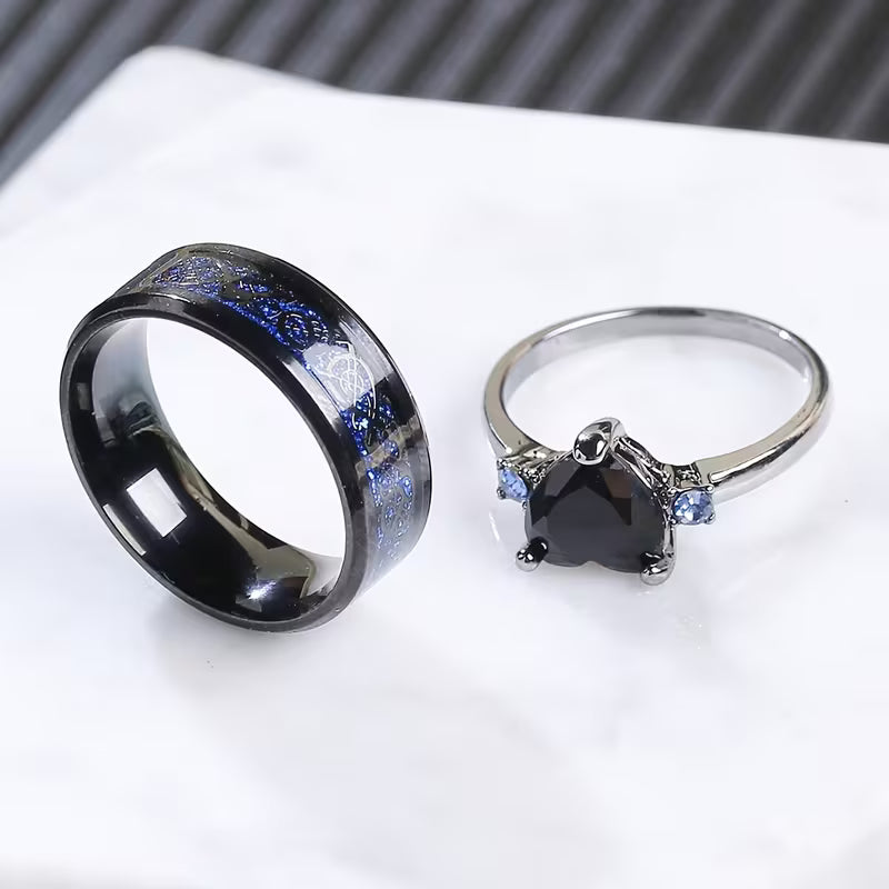 Matching Heart Couple Rings Set | Stainless Steel Promise Rings for Him & Her