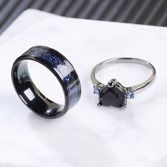 Matching Heart Couple Rings Set | Stainless Steel Promise Rings for Him & Her