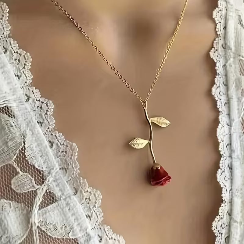 Elegant Red Rose Pendant Necklace for Women
