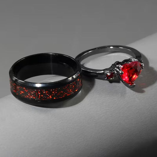 Matching Heart Couple Rings Set | Stainless Steel Promise Rings for Him & Her