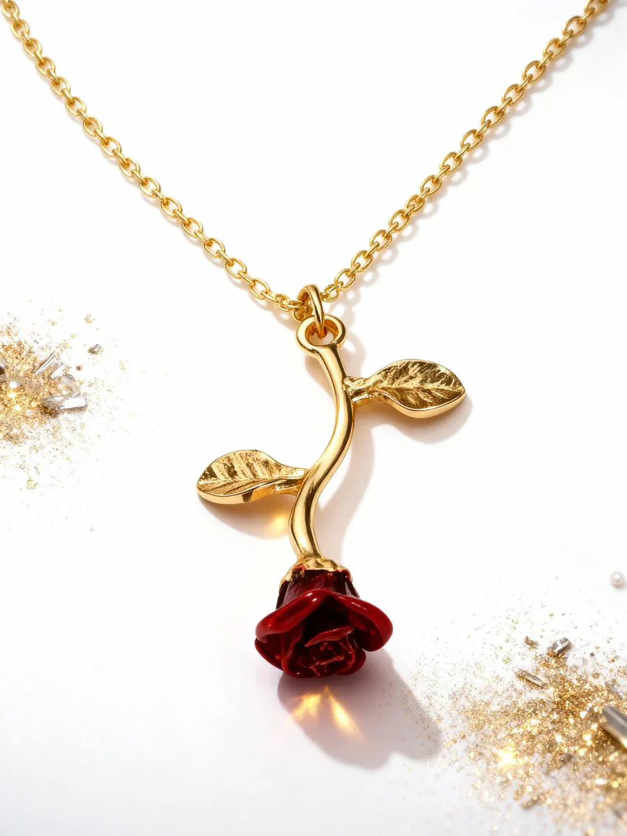 Elegant Red Rose Pendant Necklace for Women