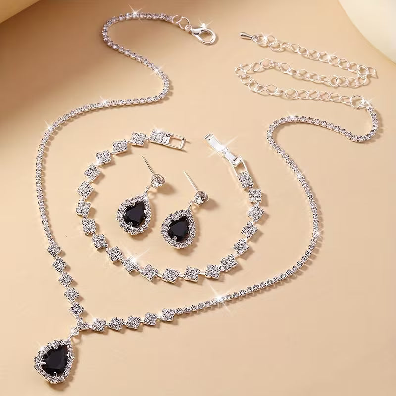 Luxury Black Teardrop Zircon Jewelry Set for Women | 4-Piece Gold Plated Set