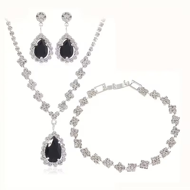 Luxury Black Teardrop Zircon Jewelry Set for Women | 4-Piece Gold Plated Set