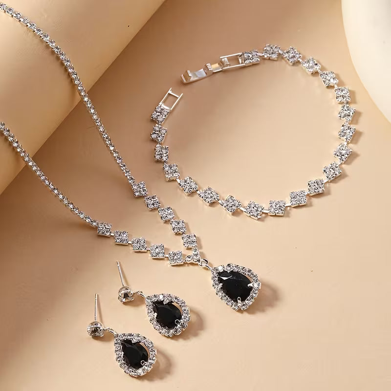 Luxury Black Teardrop Zircon Jewelry Set for Women | 4-Piece Gold Plated Set