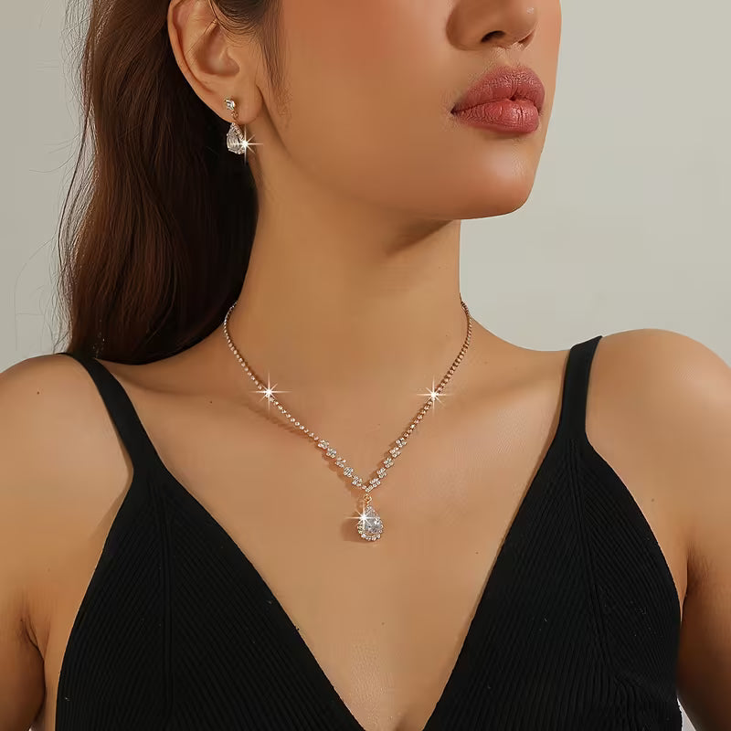 Luxury Zircon Necklace & Stud Earrings Set for Women
